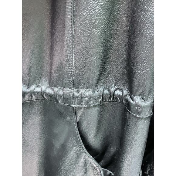 Vintage 90s Y2k Black Soft Leather Coat Cinched Waist Mid Length Sz 16 Faux Fur - Picture 13 of 16